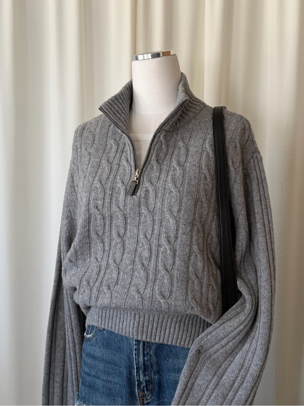 Gianetti Grey Cable Knit Quarter Zip Sweater Wool Blend Size XL Preppy.